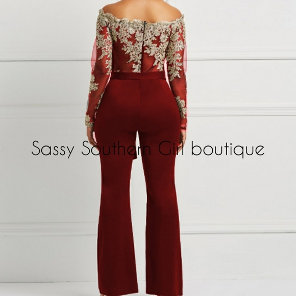 🆕⭐ Wine red gold lace off shoulder jumpsuit - Picture 3 of 9